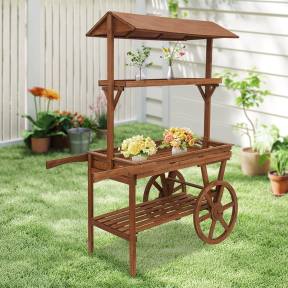 Retro Wooden Rolling Table Cart W/2 Wheels Flower Stand Display Rack Tea Stall
