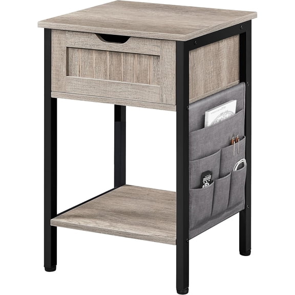 CHAUKY Nightstand with Storage Drawer and Shelf, Bedside Table with Removable Bag, Wooden Bedside Cupboard Sofa Side Table with Steel Legs for Bedroom/Small Space, Gray