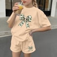 thumbnail image 6 of CYRBOKO Girls Outfit Sets, Elastic Waist Casual Summer Short Sleeve Two-piece Sets Beige Size 4-5 T, 6 of 6