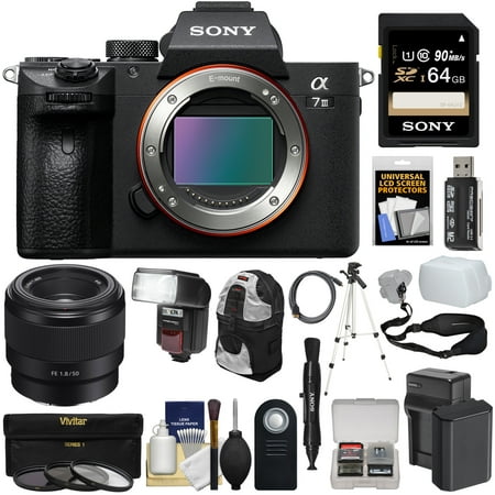 Sony Alpha A7 III 4K Digital Camera Body with FE 50mm f/1.8 Lens + 64GB Card + Battery + Charger + Backpack + 3 Filters + Flash + Tripod + Strap +