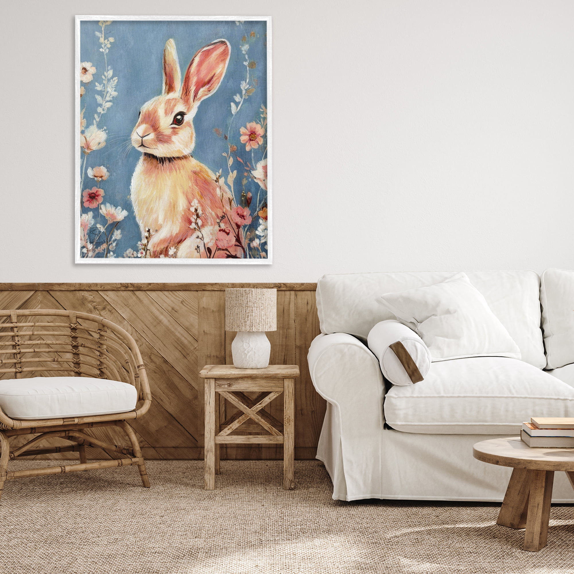 Stupell Industries Whimsical Rabbit on Blue White Framed Giclee Art, design by Sara Culpepper