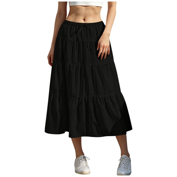 Squevariel Flowy Skirts for Women Solid A-Line Ruffle Swing Skirt Casual Drawstring Elastic High Waist Midi Skirt