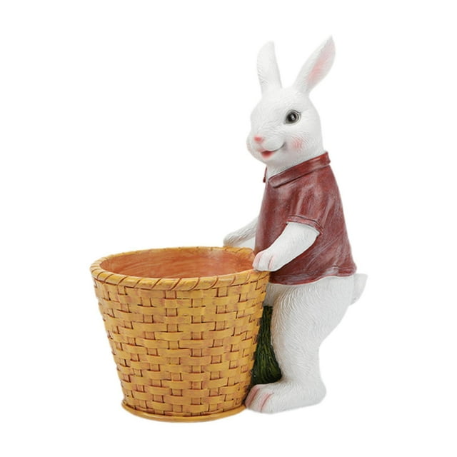 Conejo de resina con cesta, maceta para flores, contenedor de regalo, decoración de jardín, maceta Blanco Rojo Profundo