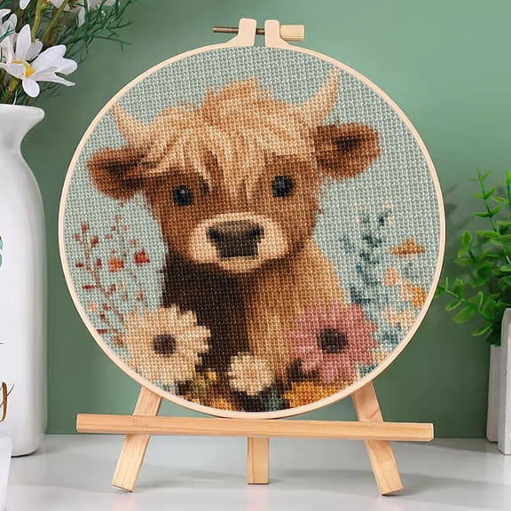 DIY Counted Cross Stitch Kits Baby Highland Cow with Flowers Easy for Beginners with Hoop 11CT Needlepoint Embroidery Cross Stitch Set Craft Wall Decor 22x22cm(1)