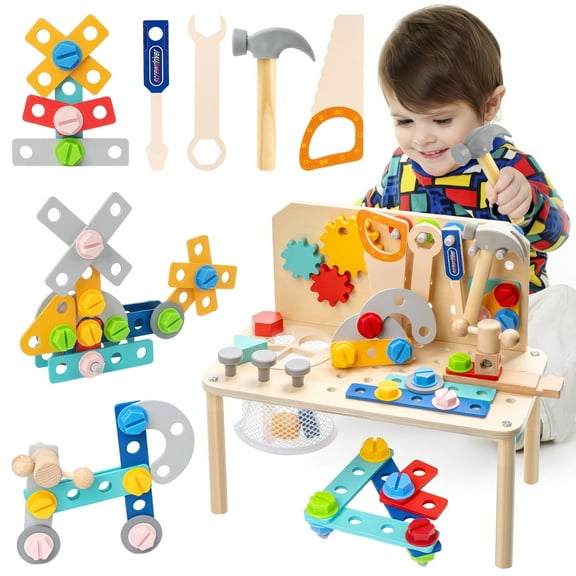 UQN Kids Tool Set for Boys Age 2-6, 92Pcs Wooden Toddler Tool Bench, Toddler  Activity Table with Realistic Tools, Montessori Construction Pretend Play Toy Birthday Gift for Boys Toddlers