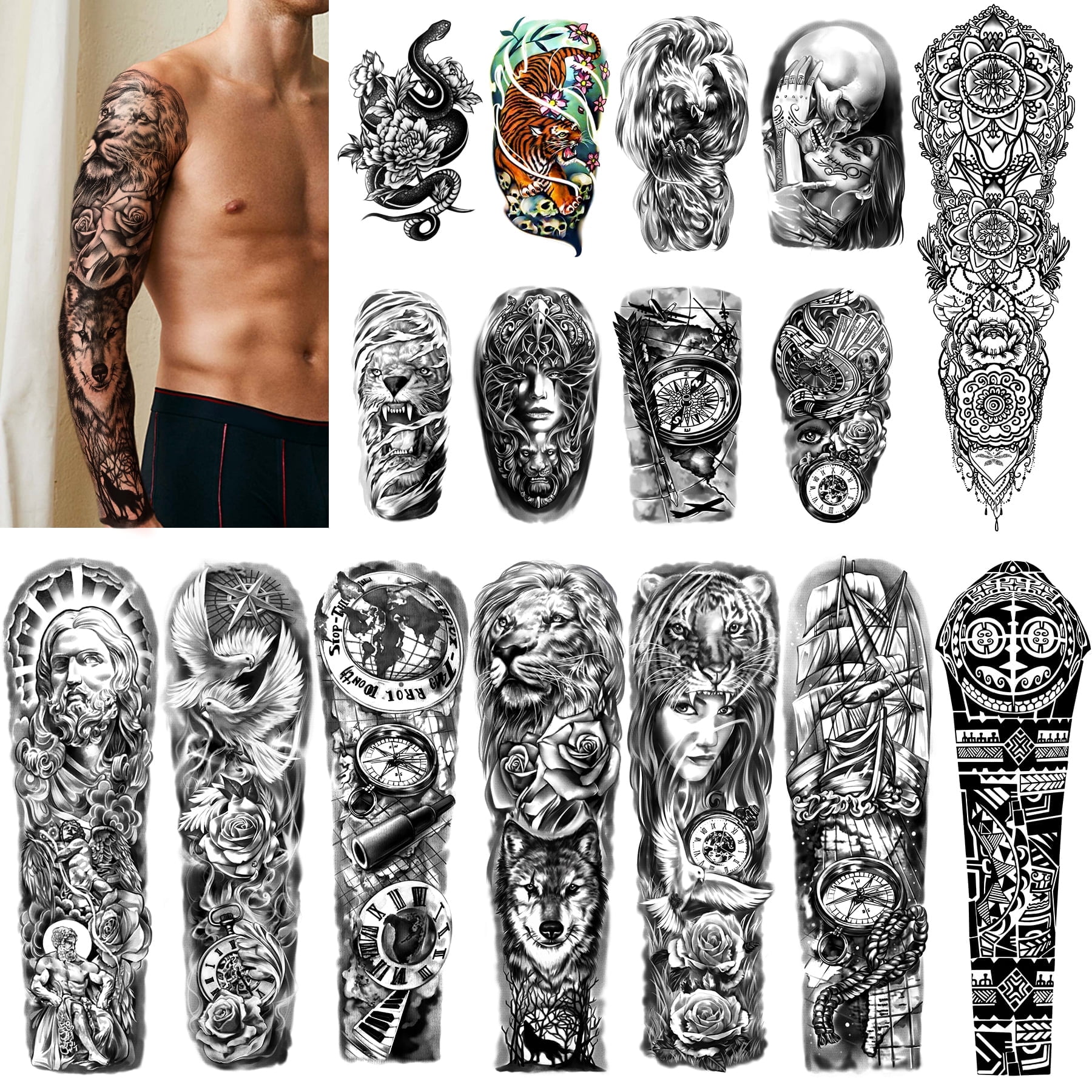 Yazhiji 8 Sheets Full Arm Temporary Tattoos and 8 Sheets Half Arm Shoulder Tattoo, Extra Large Waterproof Long Lasting Tattoo Stickers for Men and Women (22.83"X7.1")