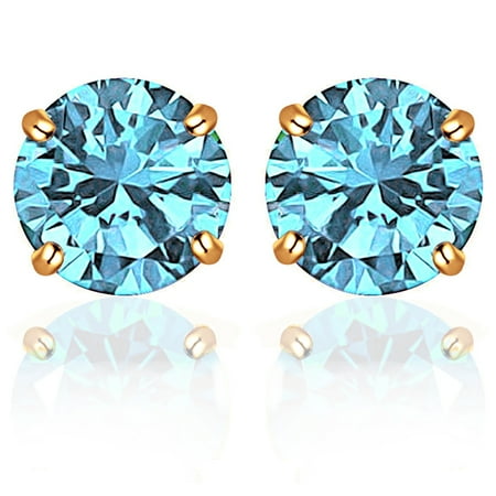 Aquamarine Jewelry - Orchid Jewelry 14k Solid Yellow Gold 5 mm Round-Cut Aquamarine CZ Stud Earrings