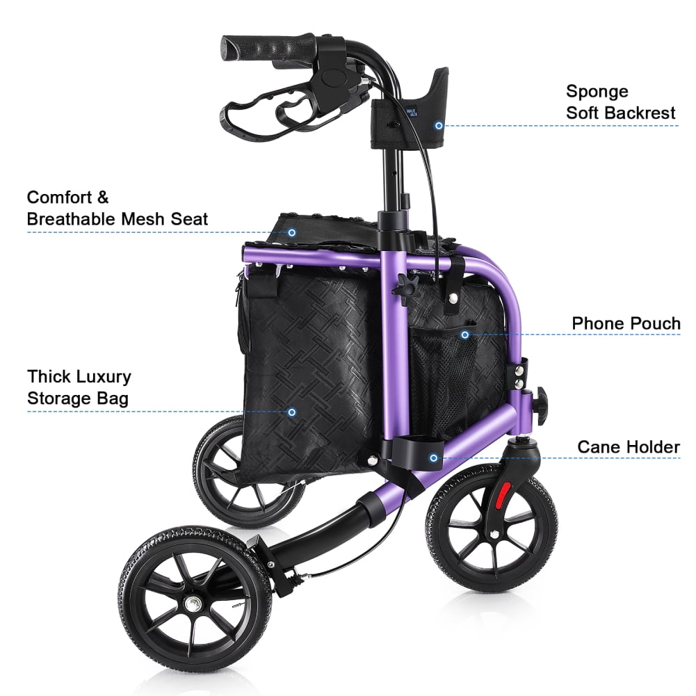 WalkMate 3 Wheel Rollator Walker for Slim Senior, 8'' Wheel Lightweight Folding Walker, Purple