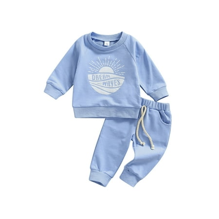 

Canrulo Newborn Baby Boys Fall Winter Clothes Beach Babe Long Sleeve Sweatshirt Tops and Jogger Pants Outfits Blue 2-3 Years