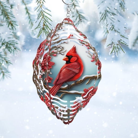 HELLOYOUNG 10in Cardinal Wind Spinner for Outdoor Vibrant Red Metal Hanging Ornament with Pine Branches & Flower Design, Thanksgiving Christmas Garden Patio Lawn Decor