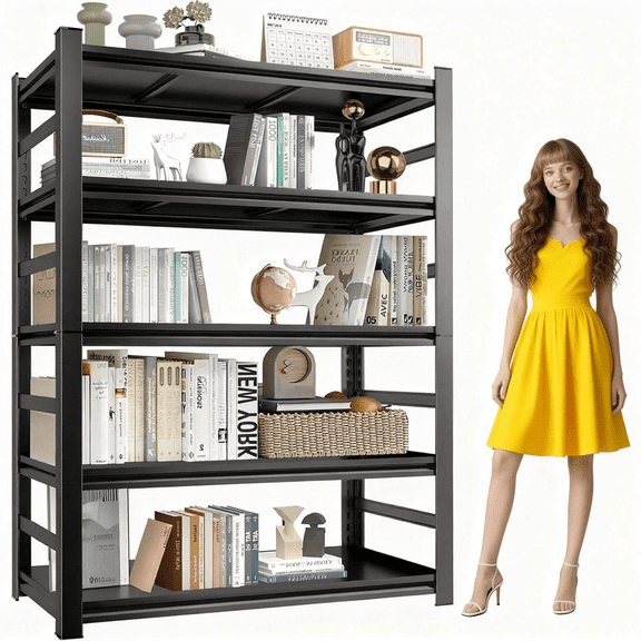 Metal BookShelf, 78'‘H x 48"W Industrial Bookshelves, Heavy Duty Storage Shelf for Books, Adjustable Standing Book Shelf for Living Room, Bedroom, Office, Library, Tool-Free Assembly, Black(5-Tier)