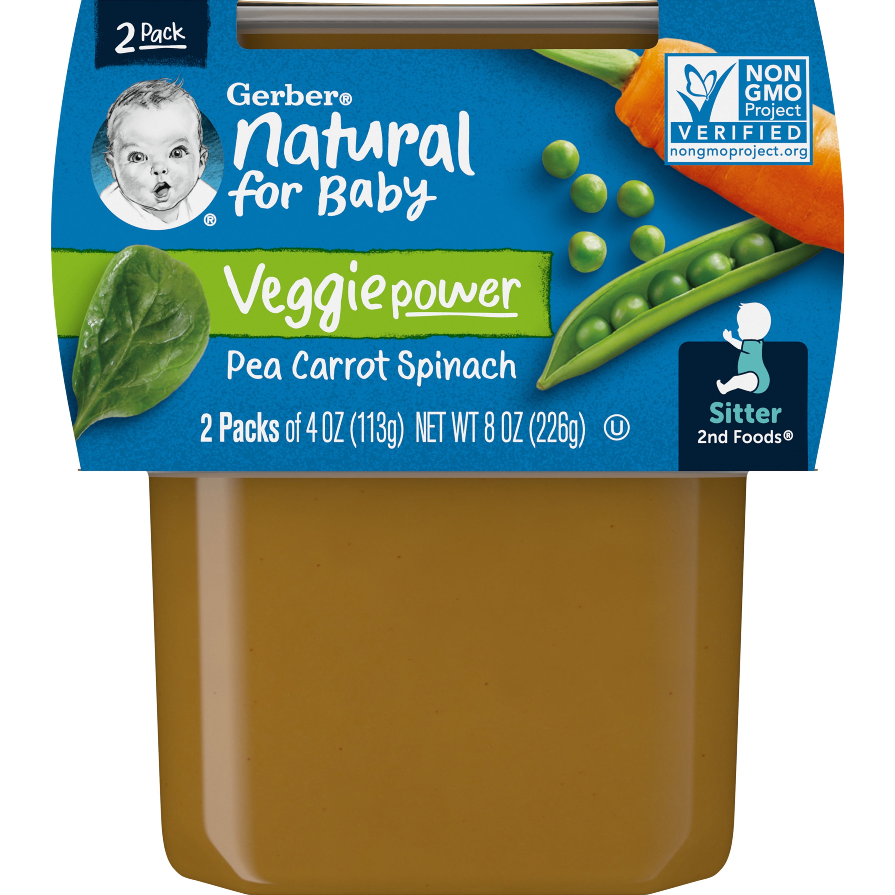 Gerber 2nd Foods Natural for Baby Veggie Power Baby Food, Pea Carrot Spinach, 4 oz Tubs (2 Pack)