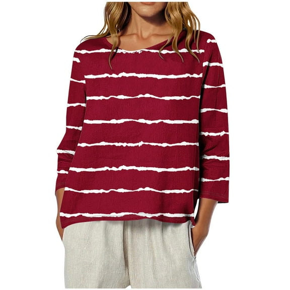 biudgviw 3/4 Sleeve Tops for Women Lightweight Crew Neck Linend Pullover Shirts Casual Loose Classic Blouses Fall Trendy Outfits