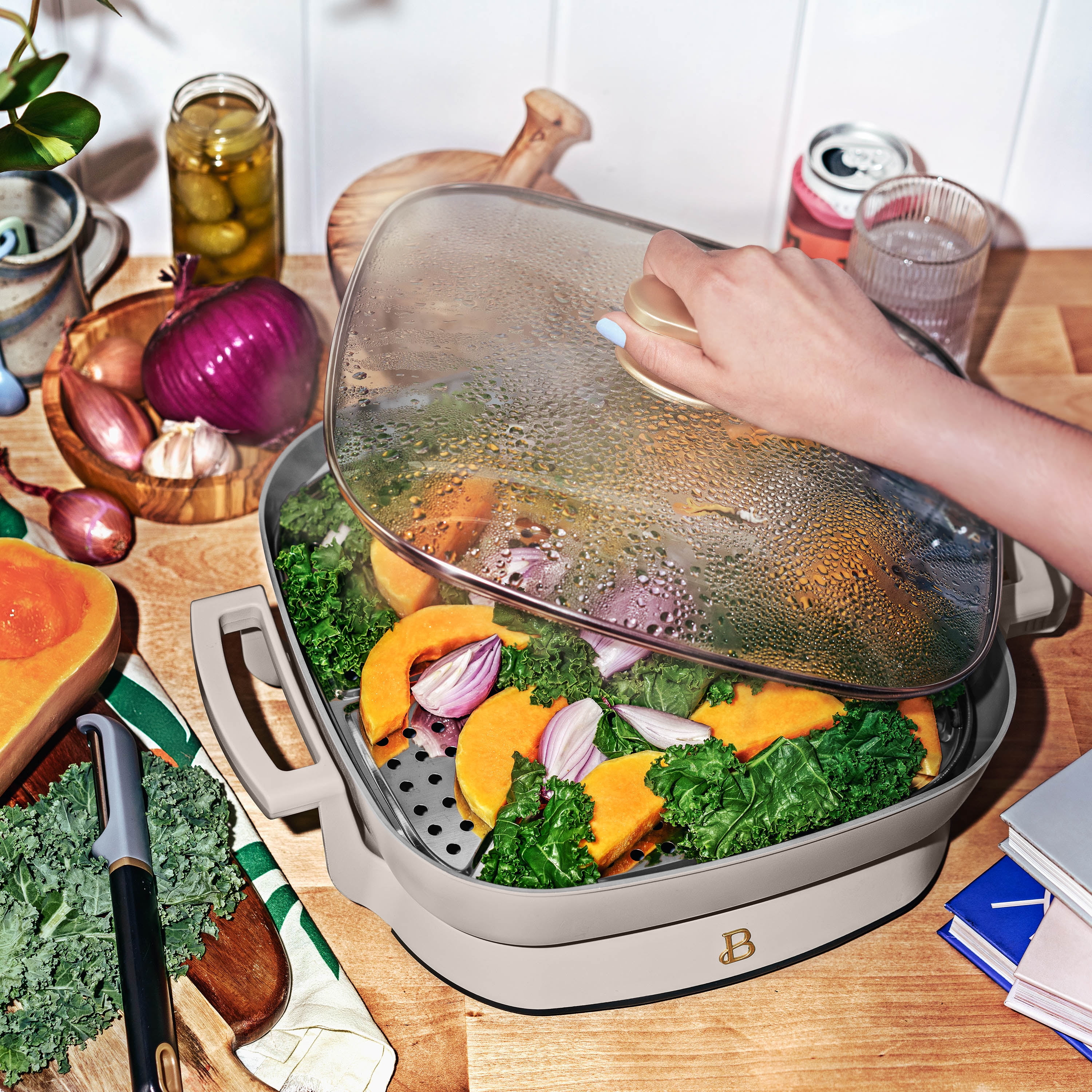 Beautiful 5 in 1 Electric Skillet - Expandable up to 7 Qt, Porcini Taupe by Drew Barrymore