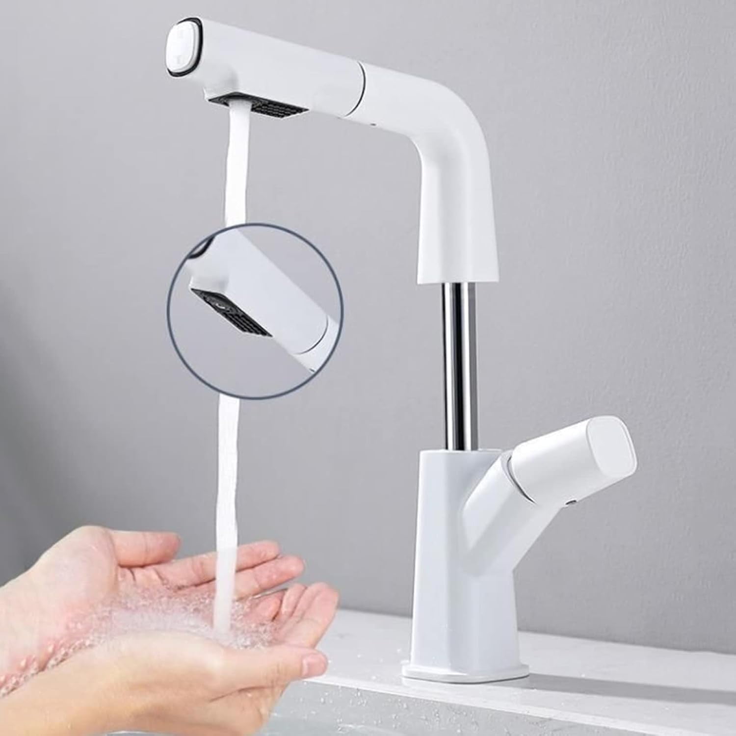 Bathroom Faucet with Pull Out Sprayer, Bathroom Sink Faucet Dual Function Basin Faucet, Single Hole Faucet for Bathroom Sink Brass, Bathroom Sink Faucet Single Handle,White