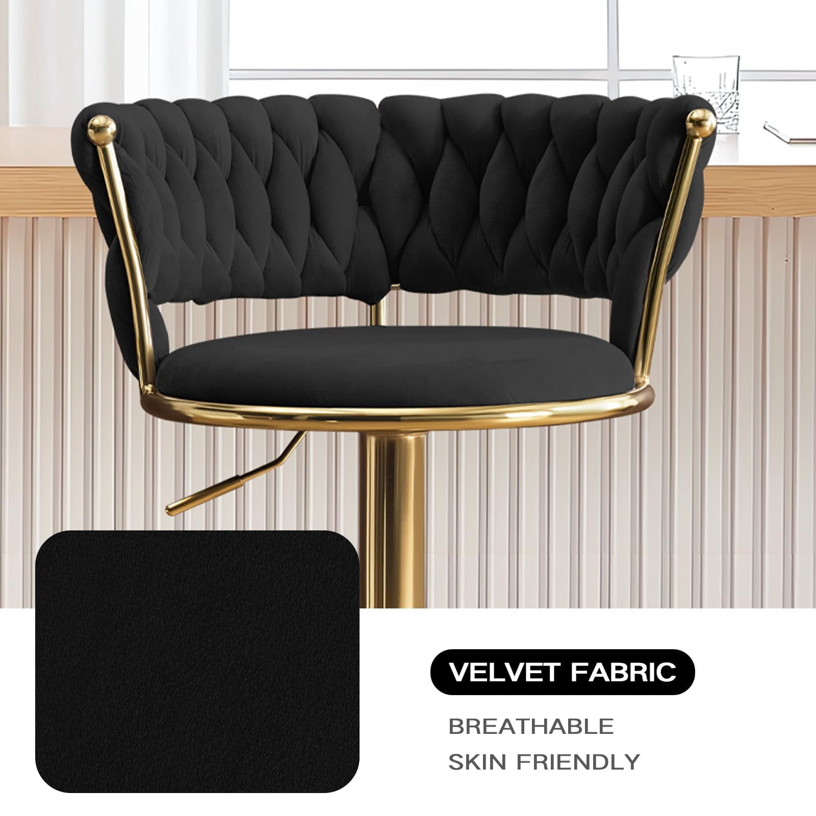 Set of 2 360° Swivel Velvet Bar Stools, Adjustable Counter Height Bar Chairs with Gold Metal Base & Low Back, Modern Kitchen Island Barstools for Dining Room & Pub, Black