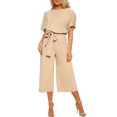 thumbnail image 2 of Dyfzdhu Jumpsuits For Women Casual Jumpsuit Round Neck Solid Color Junpsuit Short Sleeve Belted Wide Leg Pant Jumpsuit Khaki L, 2 of 4