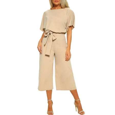 

Jumpsuits For Women Round Neck Solid Color Junpsuit Short Sleeve Belted Pant Romper Beige XL