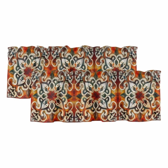 Burnt Orange Green Valances for Windows, Vintage Abstract Flowers Light Filtering Kitchen Curtains, Rod Pocket Window Valance Curtains for Living Room Bedroom, 60" W x 18" L, 2 Panels