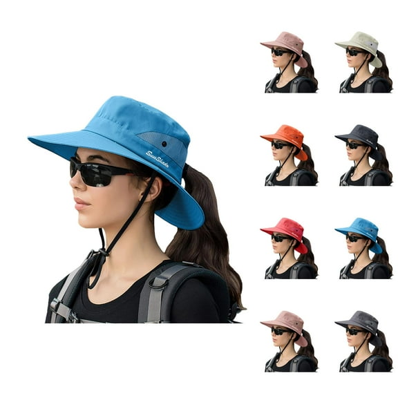 Foldable Sun Hats for Women – UV Protection Bucket Hat with Mesh Panel, Ponytail Hole, Wide Brim Travel Hat for Beach, Gardening, Hiking and Pool Days