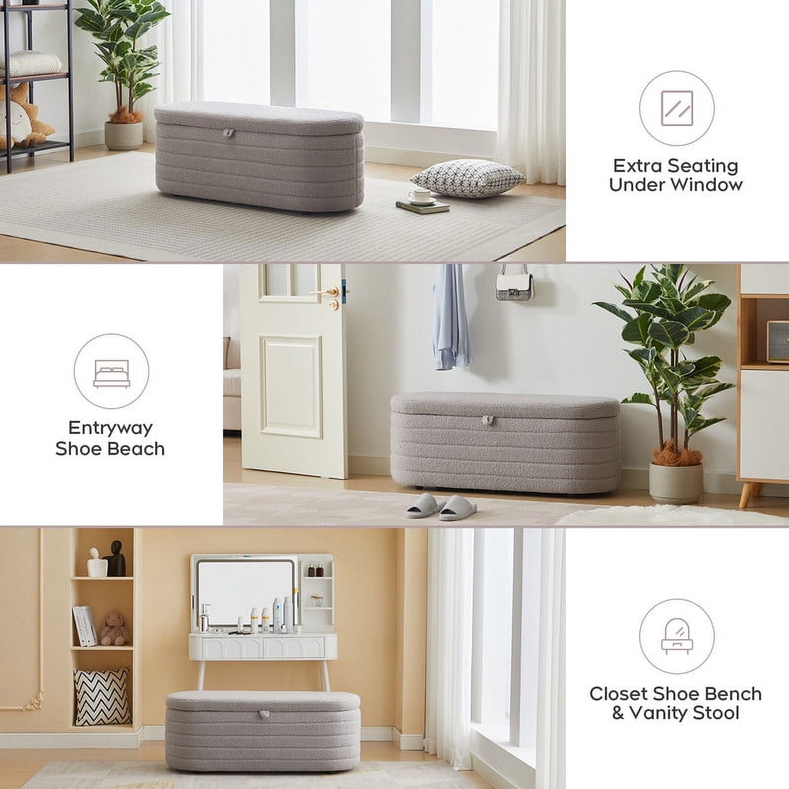 Comfort Stretch 45x16.5 Inch Gray Teddy Storage Ottoman Bench,Oval Footrest with Anti-Slip Legs