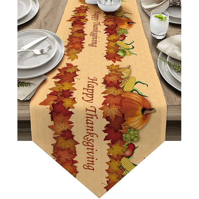 Chemin de Table en Coton et Lin pour l'Automne et la Récolte, Foulards de Commode, Joyeuses Actions de Grâce, Couvre-Table Antidérapants, Déco pour Ferme, Salle à Manger, Baby Shower, Fêtes, Extérieur, 16 Pouces de Large x 72 Pouces de Long