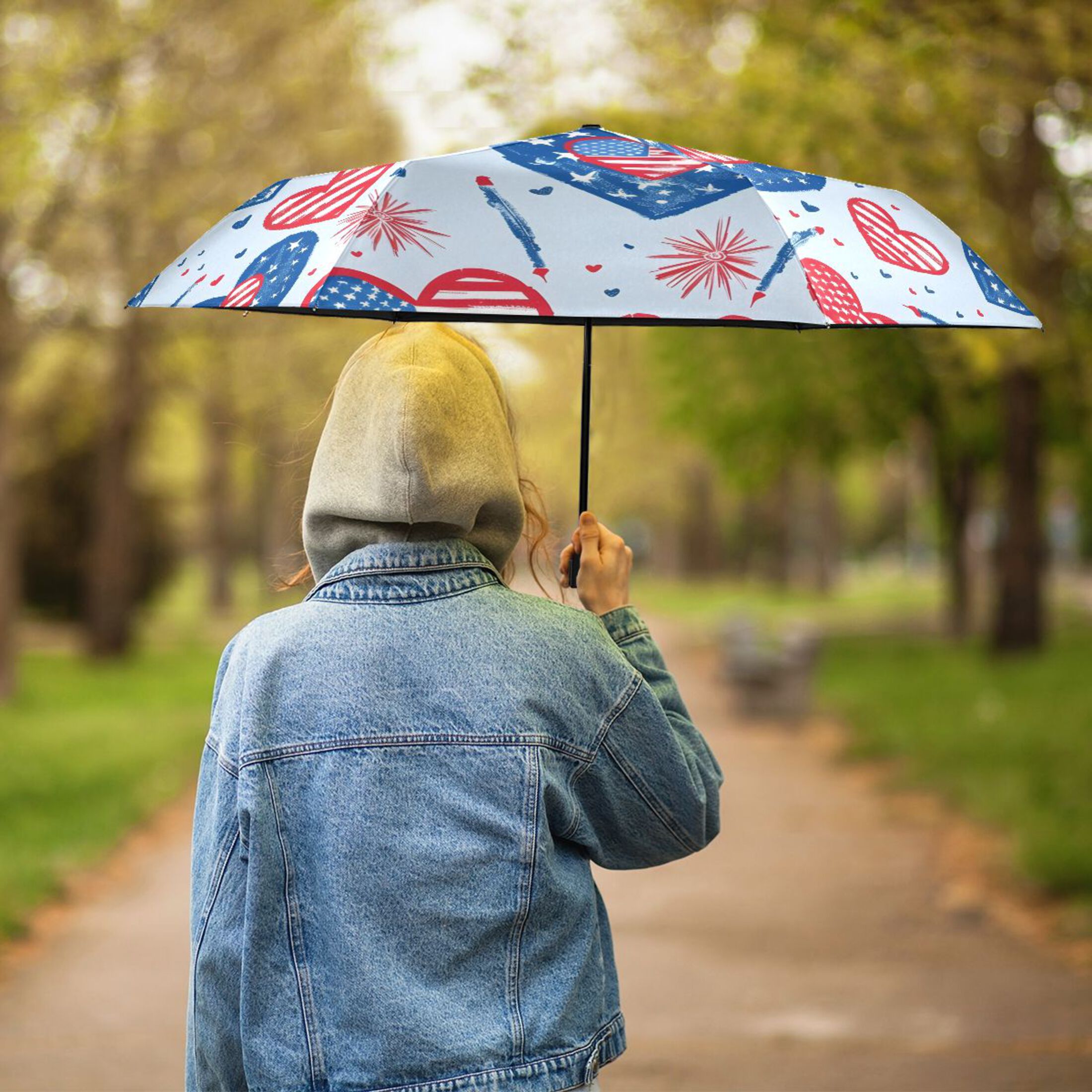 American Flag Heart Compact Sun Umbrella Windproof Travel Umbrellas for Rain Strong Portable UV Protection