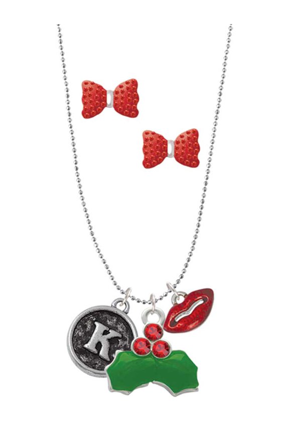 Silvertone Antiqued Round Seal - Initial - K - Christmas Kiss Charm Necklace and Stud Earrings