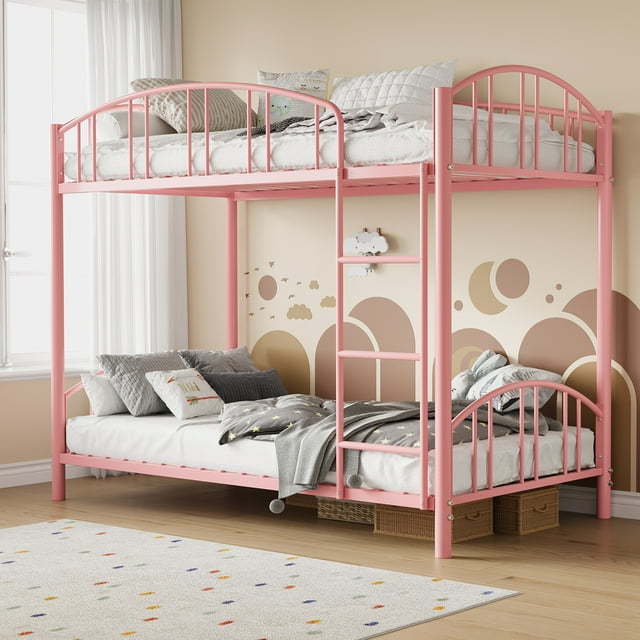 Twin Over Twin Size Metal Bunk Bed With Arched Guardrail And Safety Ladder,Heavy Duty Bunkbeds Frame,No Box Spring Needed,Space-Saving,Pink
