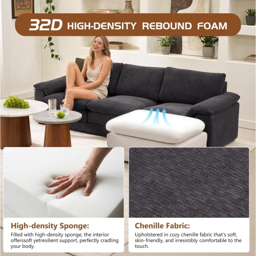 104" U Shape Cloud Couch with Movable Ottoman, Chenille Deep Seat Sofa with Soft Pillows, Black
