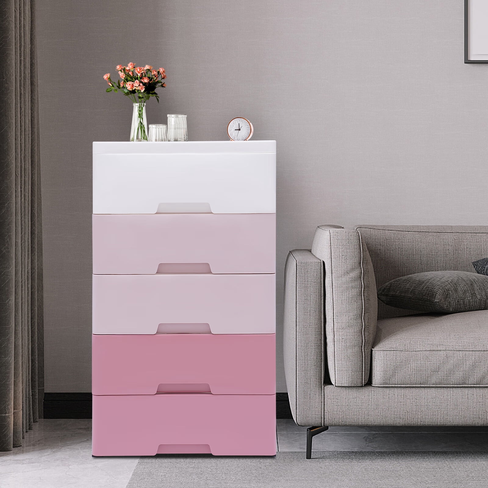 Loyalheartdy 5-Layer Dresser Storage Cabinat Plastic Drawers  w/ Wheels Bedside Table Organizer for Clothes Toys (Pink)