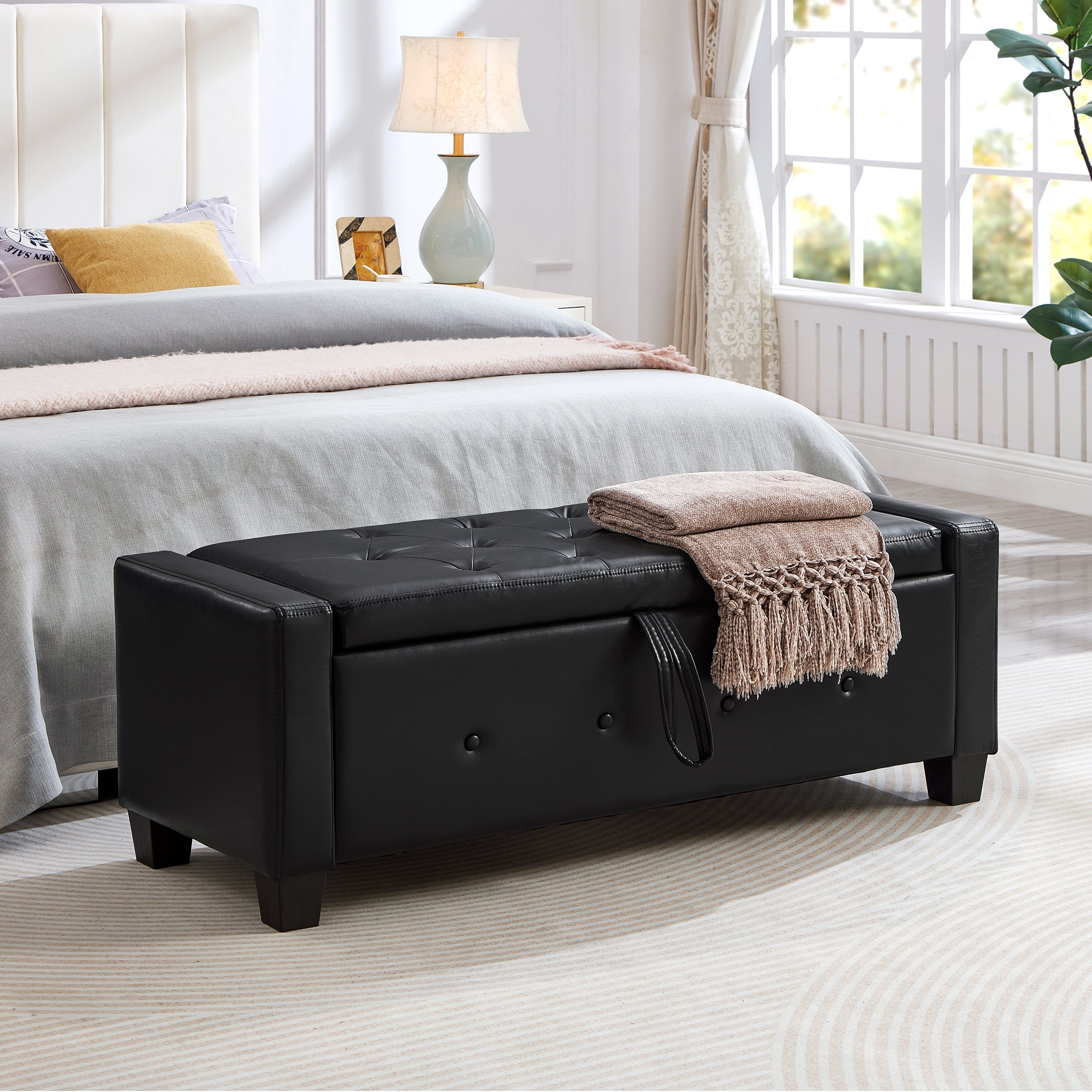 Faux Leather (PU) Storage Ottoman Bench, Features Tufted Upholstery and a Lift-Top for Spacious Hidden Storage, Multi-Purpose Bench for Any Room, Black (48"L x 18.1"W)