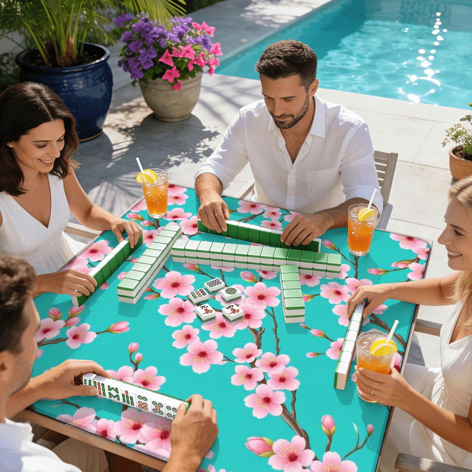 Mahjong Mat 31.5" x 31.5" Seamless Pink Cherry Blossoms Turquoise Non-Slip Noise Reduction American Mahjong Tiles Table Cover for Dominoes Poker Card Board Games Gift