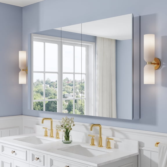 ANGELES HOME 60" x 36" Bi-View Mirror Medicine Cabinet, Aluminum Bathroom Cabinet with Storage, Recessed or Surface Mount