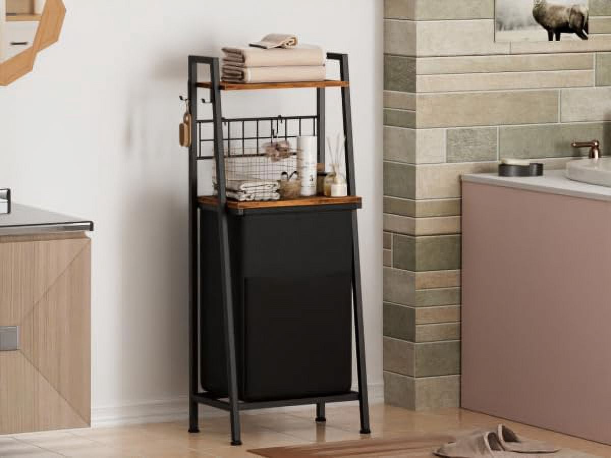 MX-Laundry Hamper, Vertical Laundry Basket with 2 Tiers Wooden Shelf and Hooks, Clothes Hamper with Pull-Out and Removable Bag for Bathroom, Bedroom, Dorm, 13.21 Gallons (50L)