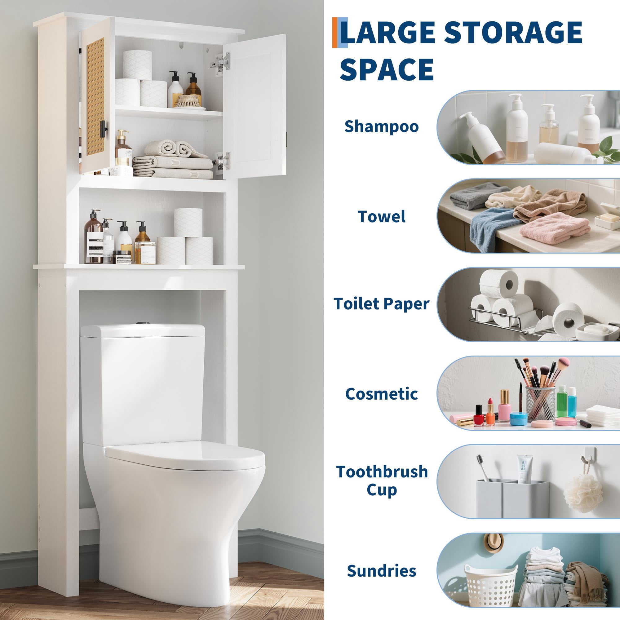 Danolapsi Rattan Toilet Storage Cabinet,Over The Toilet Storage Cabinet,Farmhouse Over Toilet Bathroom Organizer with Rattan Doors,Freestanding Wood Above Toilet Storage Cabinet with Adjustable Shelf