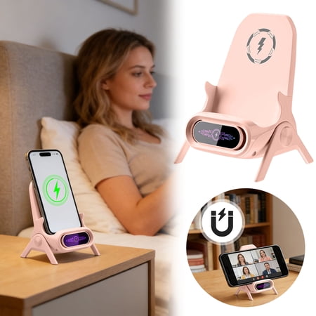 HEWANG Mi-ni Chair Wireless Fast Charger Multifunctional Phone Holder 2026 New Wireless Fast Charger Phone Stand with Speaker 3 in 1 Charging Desktop Stand for Cell Phones (Pink)