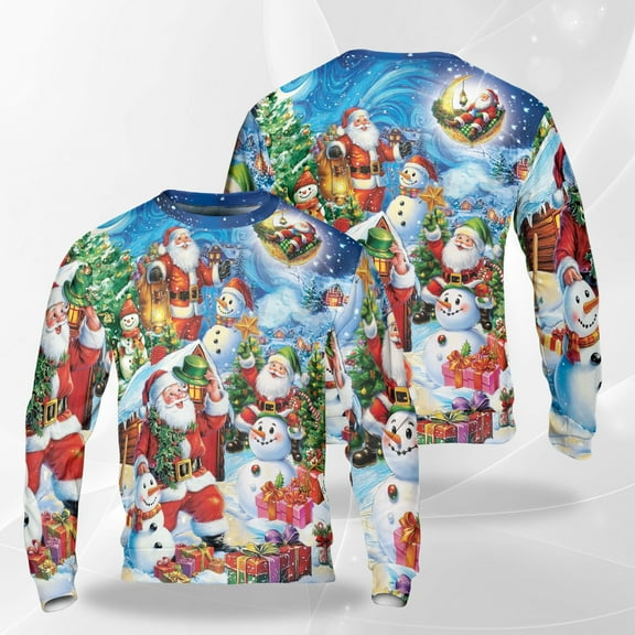 Santa Christmas Adventure Sweatshirt, Holiday Snowman Gift Scene Crewneck, Cozy Winter Xmas Pullover with Santa, Snowmen, and Gifts for Men Women