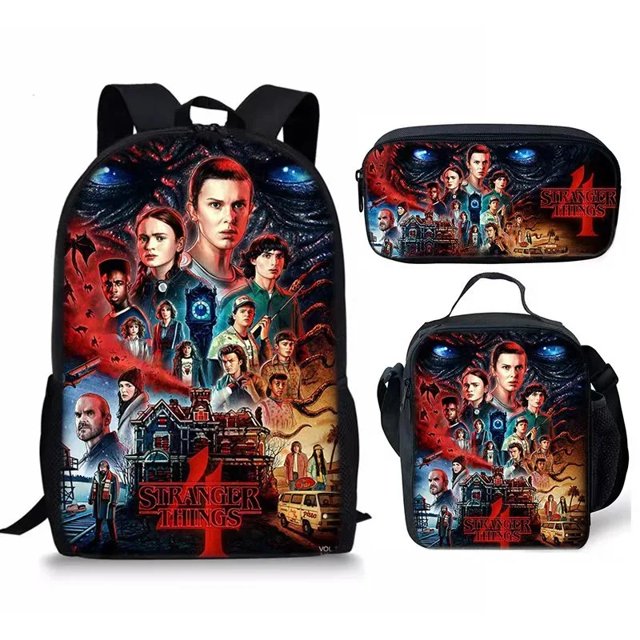 Stranger Things Mochila con estampado 3D, bolsa de almuerzo, estuche para lápices, conjunto de tres piezas, bolso de doble hombro para uso escolar y en viajes