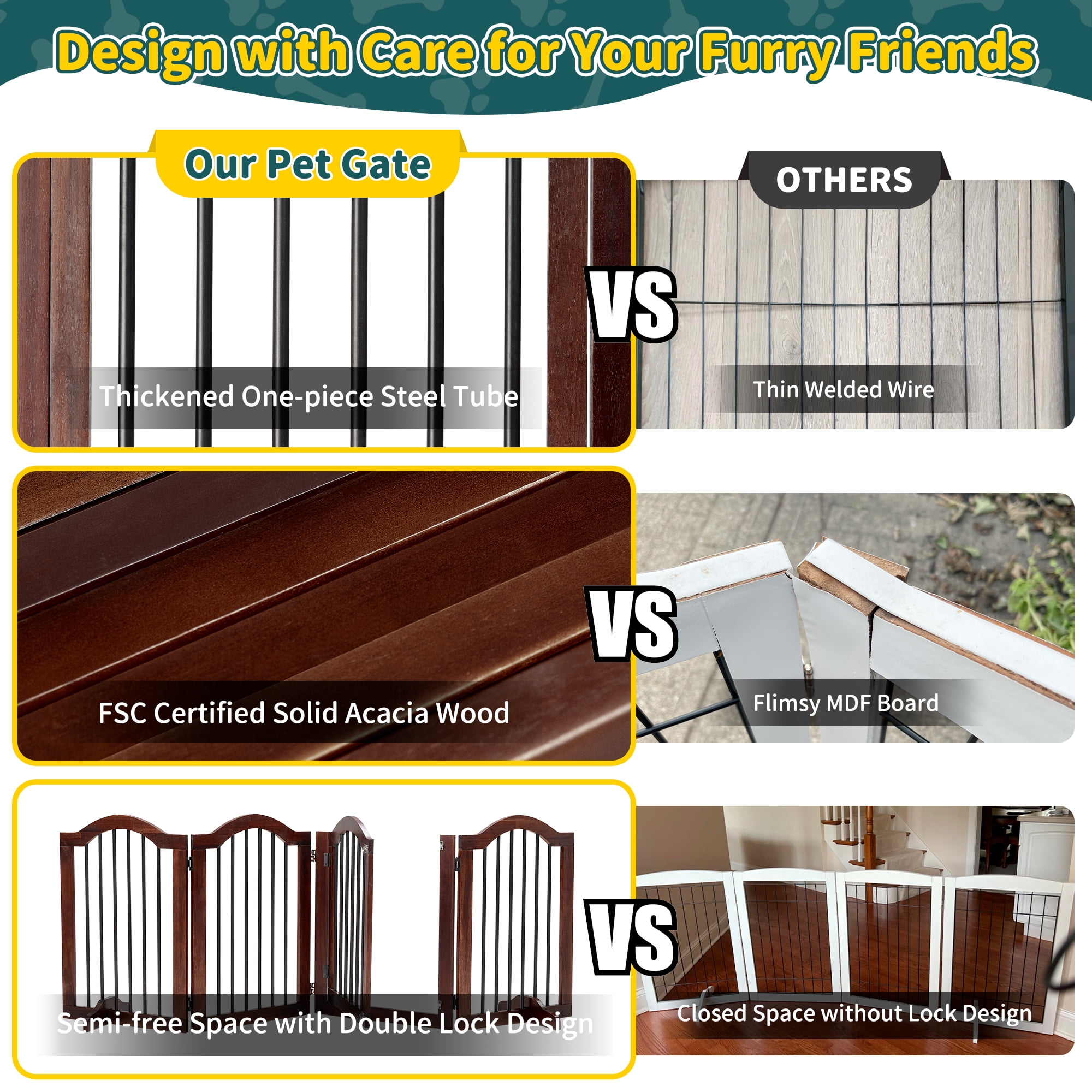 TrumanPick Free Standing Pet Gate with Door 30"H x 84"W Foldable Dog Gate 4 Panels Solid Wooden Dog Fence Indoor with Support Feet for House Doorways Stairs, Brown