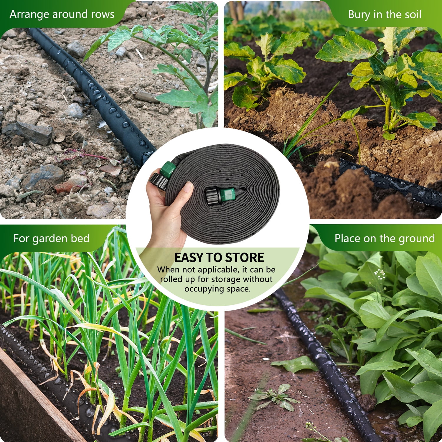 Flat Soaker Hose 50 Ft 2 pack for Garden Beds with Garden Hose Splitter, Garden Soaker Hose 100 Ft for Saving 70% Water, Drip Hose for Garden, Vegetable Beds(50FT-2PACK)