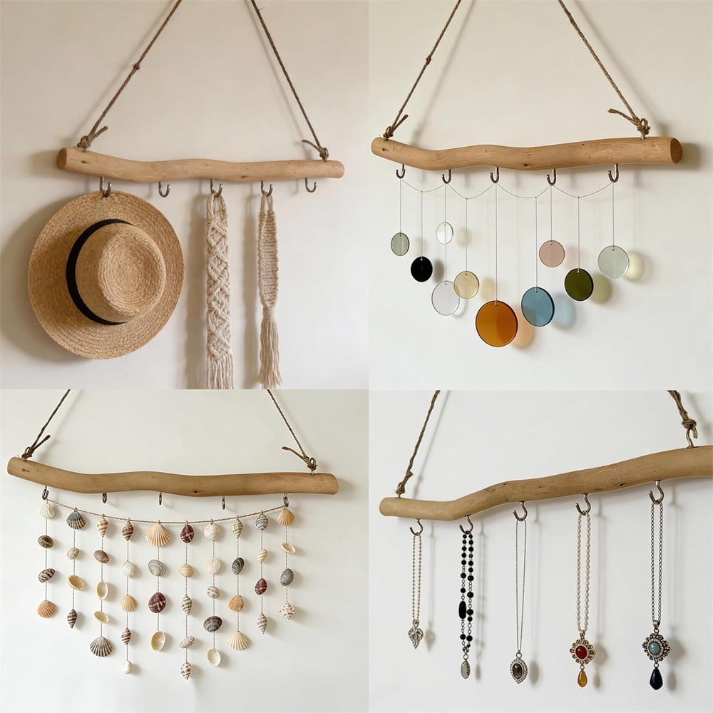 HXRH 2Pcs Driftwood Wall Hanging Jewelry Hanger 16Inch Rustic Solid Wood Wall-Mounted Organizer with 5 Hook for Keys Hats Entryway