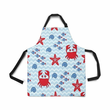 ASHLEIGH Adjustable Bib Apron for Women Men Girls Chef with Pockets Crab Starfish Shell Fish Sea Wave Theme Novelty Kitchen Apron for Cooking Baking Gardening Pet Grooming