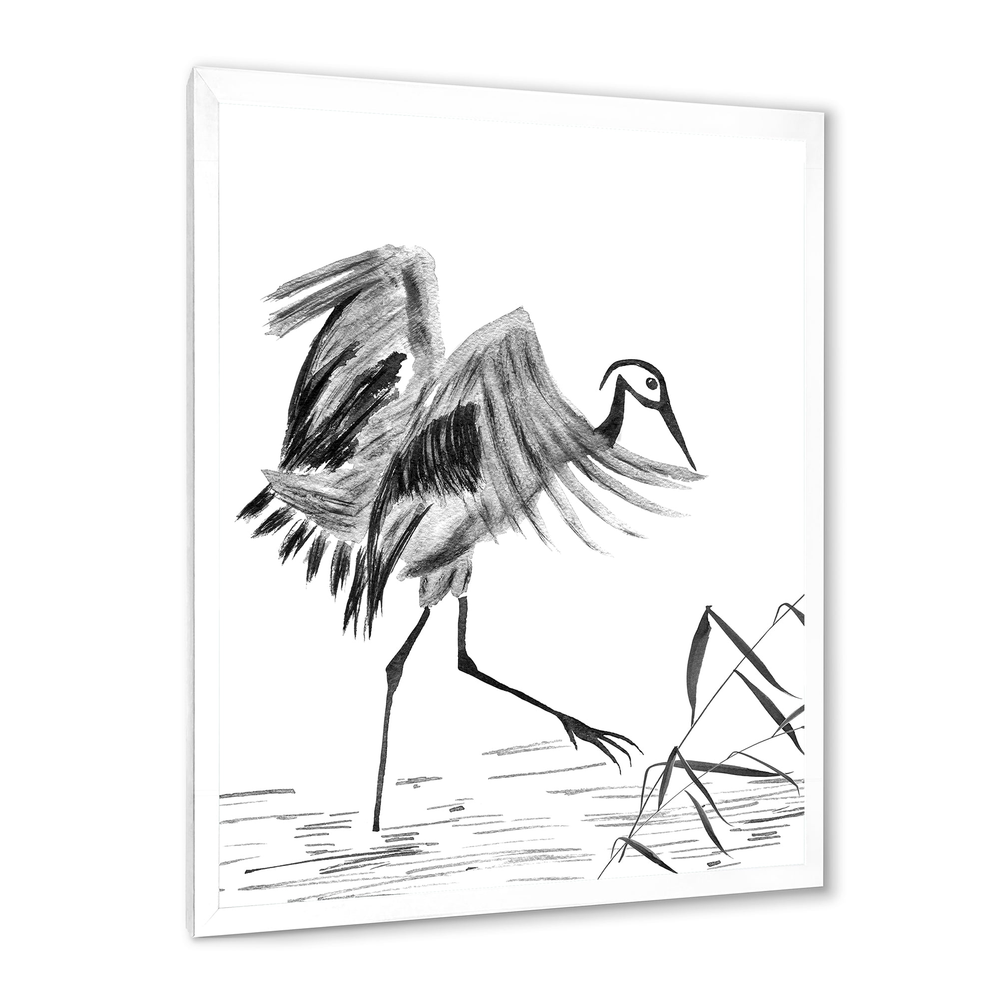 Designart 'Monochrome Japanese Oriental Crane Bird' Traditional Framed Art Print