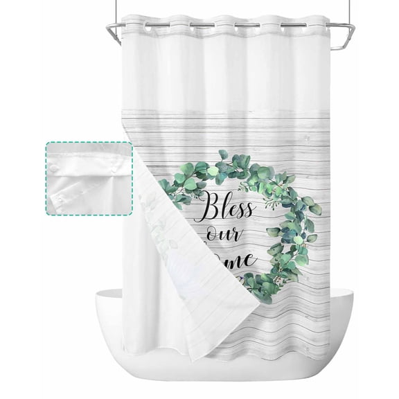 No Hook Shower Curtain with Snap in Liner, Spring Eucalyptus Wreath Bless Our Home on Wood Grain Hotel Shower Curtains for Bathroom, Washable Shower Curtain Liner Set with Mesh Top Window, 36"x72"