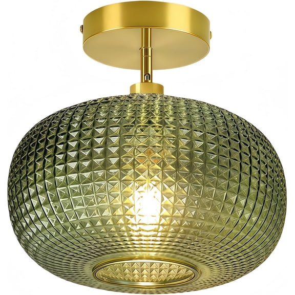 Semi Flush Mount Ceiling Light Fixture,Hallway Light Fixtures,Vintage Globe Glass Ceiling Fixture with Green Shade,Kitchen Ceiling Light Fixture,Farmhouse Ceiling Lighting for Bathroom Entryway Porch