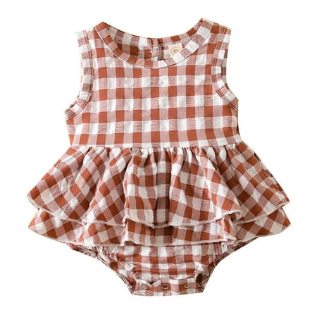

Baby Girls Sleeveless Plaid Printed Ruffles Romper Bodysuits Boy Outfits Leotards for Toddlers Dance