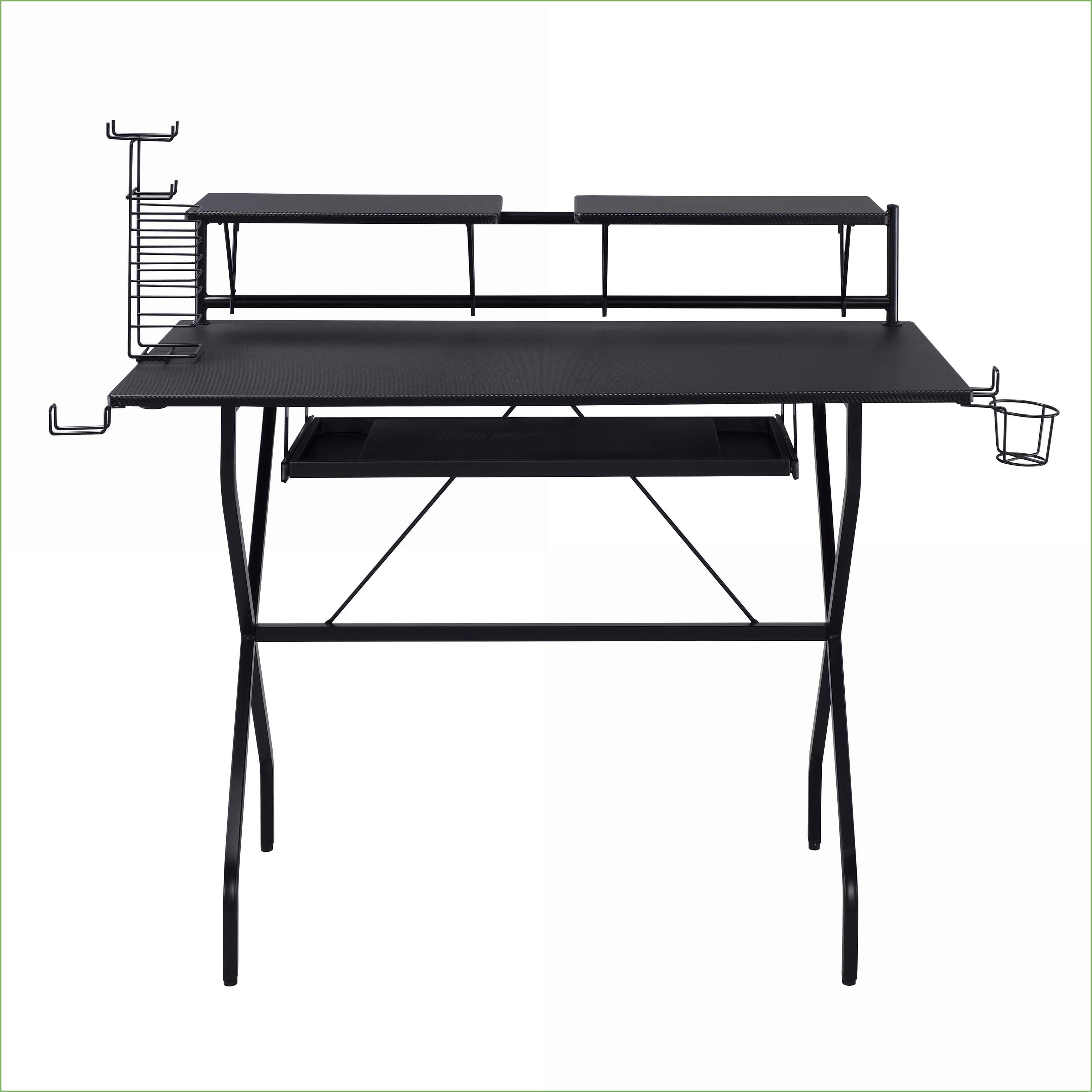 Desks, Industrial 47.5"W Computer Desk with Keyboard Tray, Headset Hooks, Game Rack | Black | Wood+Metal