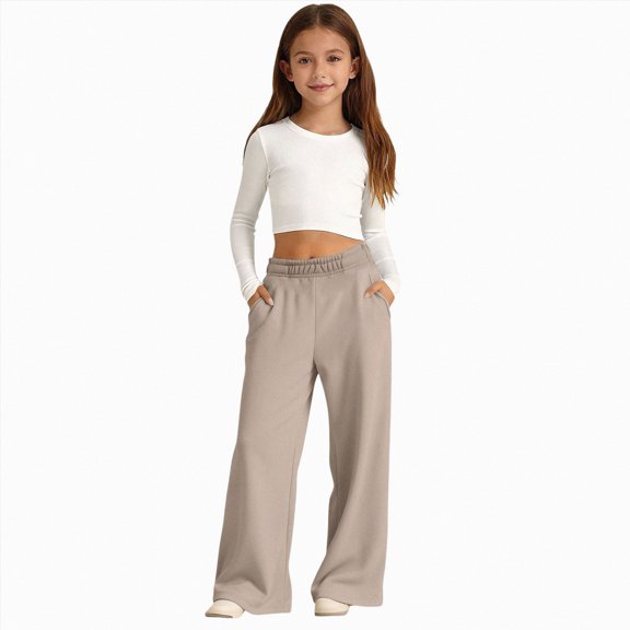 gibobby Sweatpants for Girls Open Bottom Soft Athletic Performance Sweatpants Kids Loose Wide Leg Pants with Pockets,Khaki