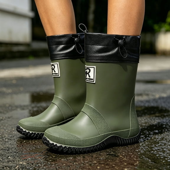 Women's PVC Mid Calf Drawstring Rain Boots Non Slip Deep Tread Sole Gardening Shoes Solid Color for Backyard Planting Rainy Field Trips Green 44
